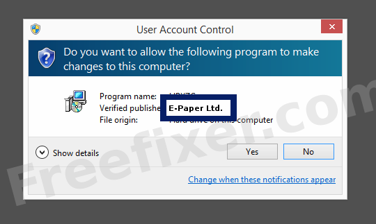 Screenshot where E-Paper Ltd. appears as the verified publisher in the UAC dialog